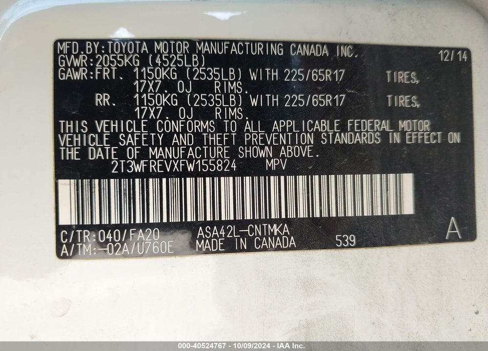 2015 TOYOTA RAV4 XLE VIN: 2T3WFREVXFW155824