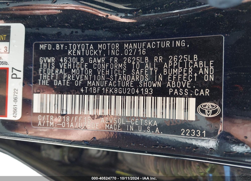 2016 TOYOTA CAMRY SE VIN: 4T1BF1FK8GU204193