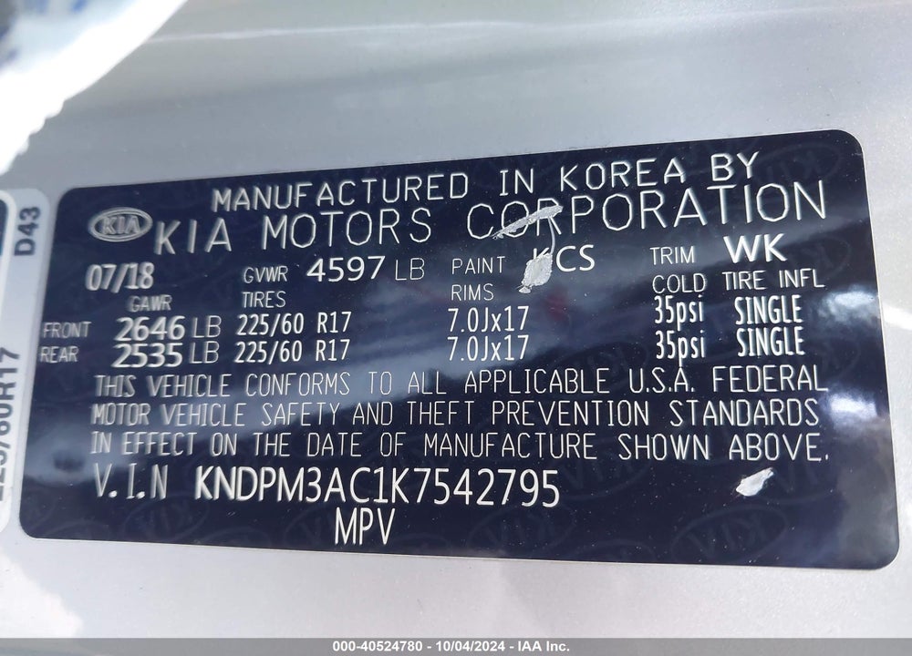 2019 KIA SPORTAGE LX VIN: KNDPM3AC1K7542795