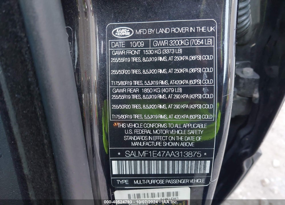 2010 LAND ROVER RANGE ROVER SUPERCHARGED VIN: SALMF1E47AA313875