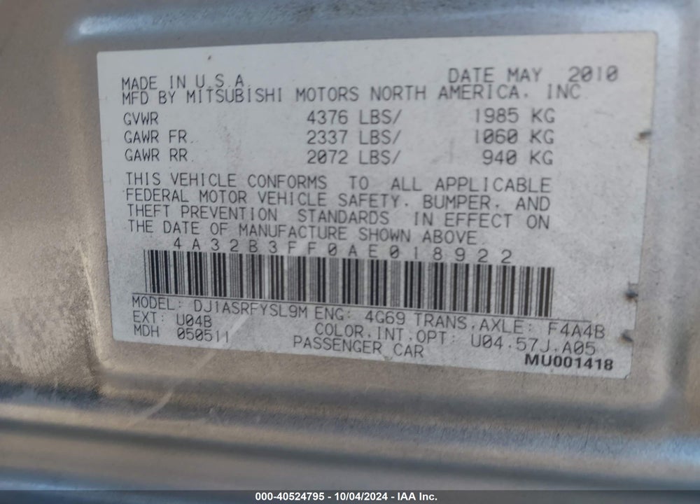 2010 MITSUBISHI GALANT ES/SE VIN: 4A32B3FF0AE018922