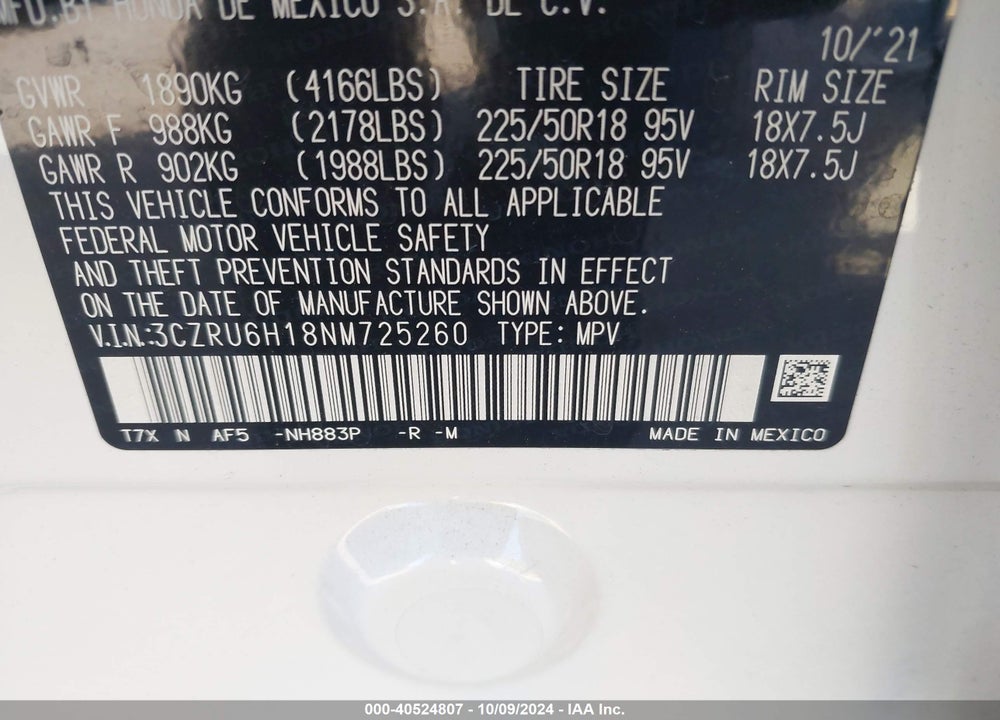 2022 HONDA HR-V AWD SPORT VIN: 3CZRU6H18NM725260