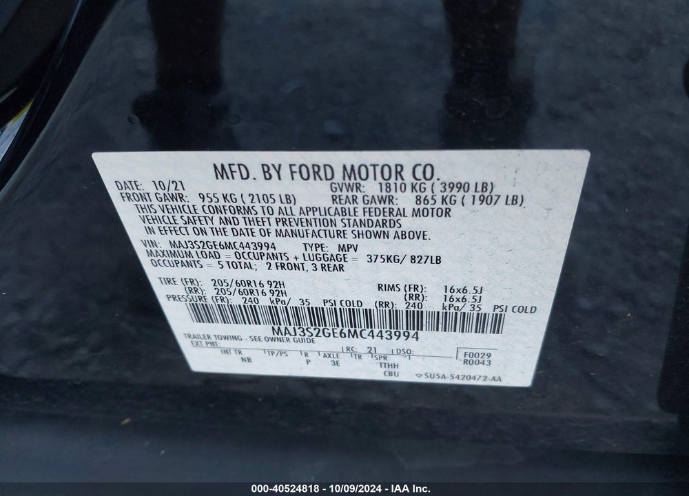 2021 FORD ECOSPORT SE VIN: MAJ3S2GE6MC443994