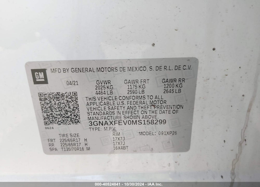2021 CHEVROLET EQUINOX FWD 1FL VIN: 3GNAXFEV0MS158299