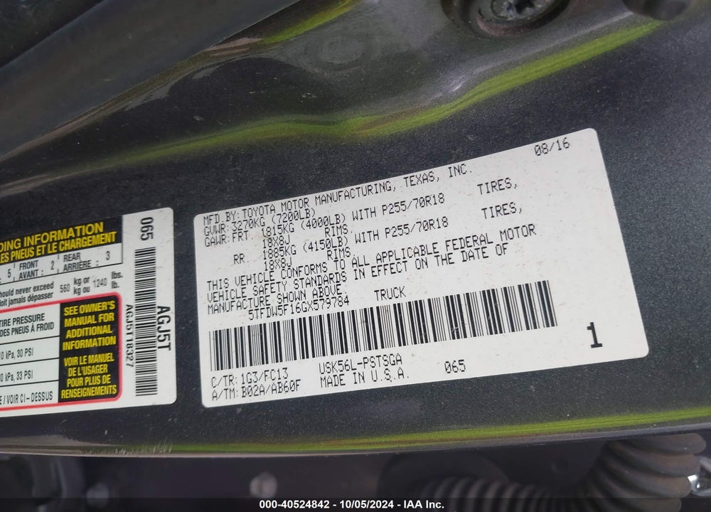 2016 TOYOTA TUNDRA SR5 5.7L V8 VIN: 5TFDW5F16GX579784