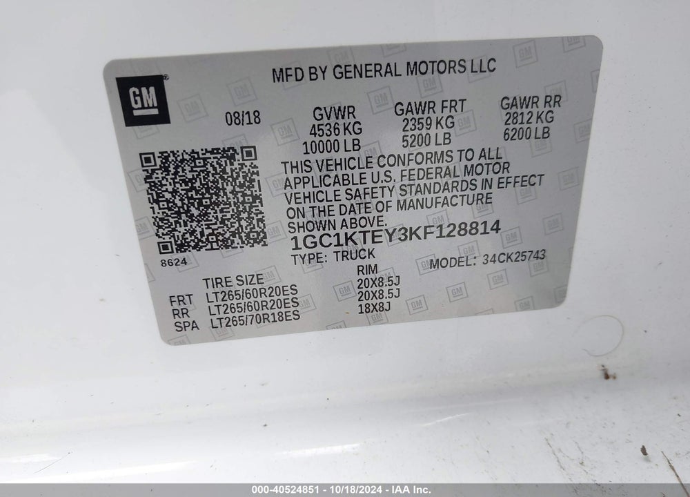 2019 CHEVROLET SILVERADO 2500HD LTZ VIN: 1GC1KTEY3KF128814