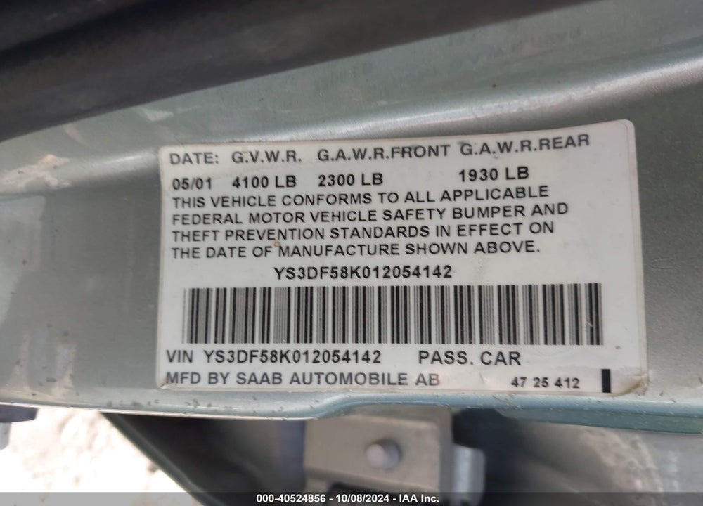 2001 SAAB 9-3 SE VIN: YS3DF58K012054142