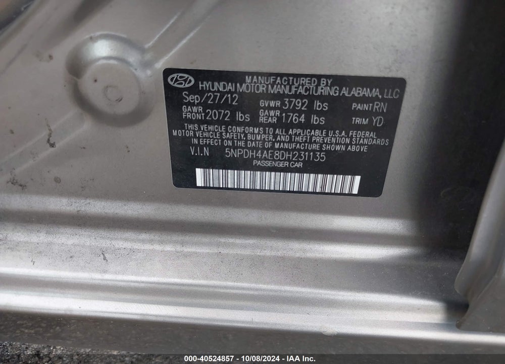 2013 HYUNDAI ELANTRA GLS VIN: 5NPDH4AE8DH231135