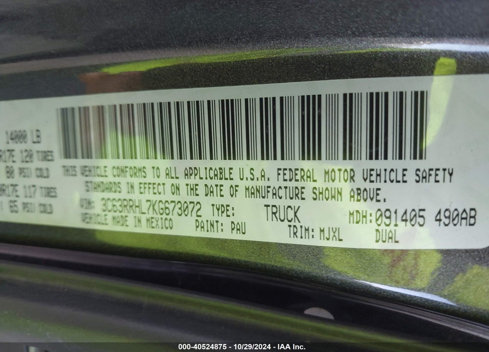 2019 RAM 3500 LONE STAR  4X4 8' BOX VIN: 3C63RRHL7KG673072