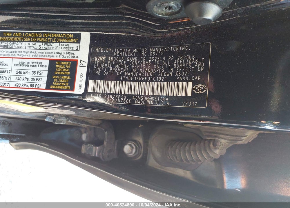2015 TOYOTA CAMRY SE VIN: 4T1BF1FK6FU101921