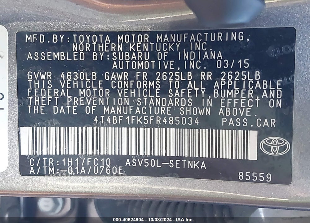 2015 TOYOTA CAMRY LE VIN: 4T4BF1FK5FR485034