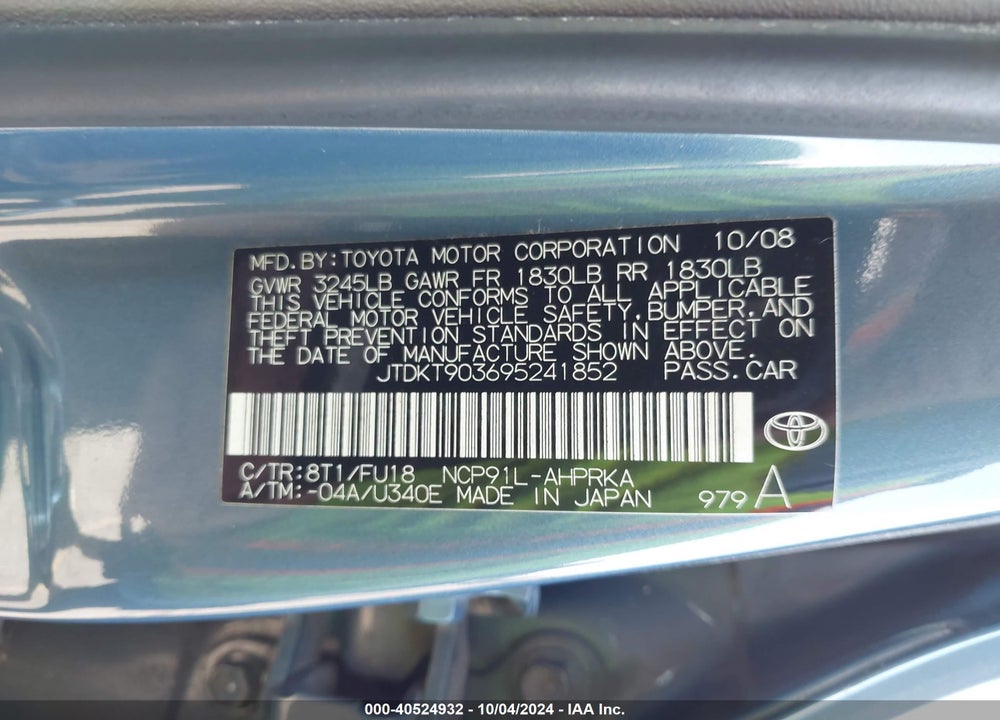 2009 TOYOTA YARIS VIN: JTDKT903695241852