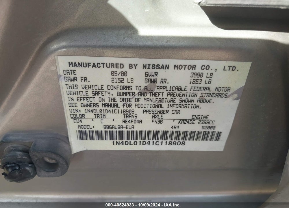 2001 NISSAN ALTIMA GXE VIN: 1N4DL01D41C118908