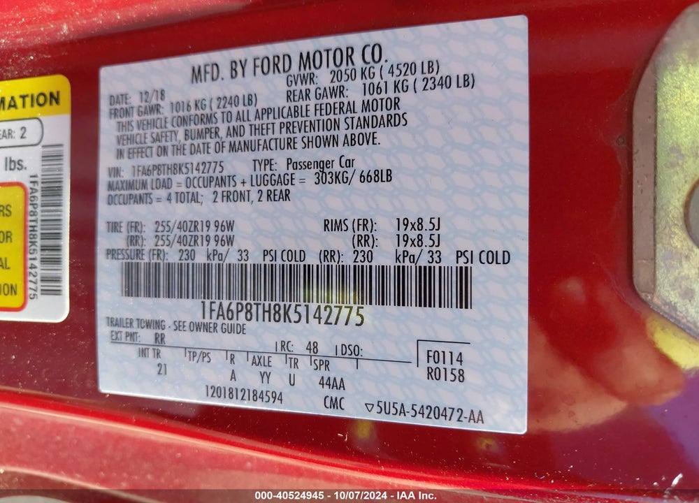 2019 FORD MUSTANG ECOBOOST VIN: 1FA6P8TH8K5142775