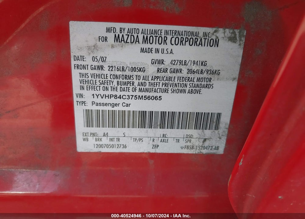 2007 MAZDA 6 I SPORT VE VIN: 1YVHP84C375M56065