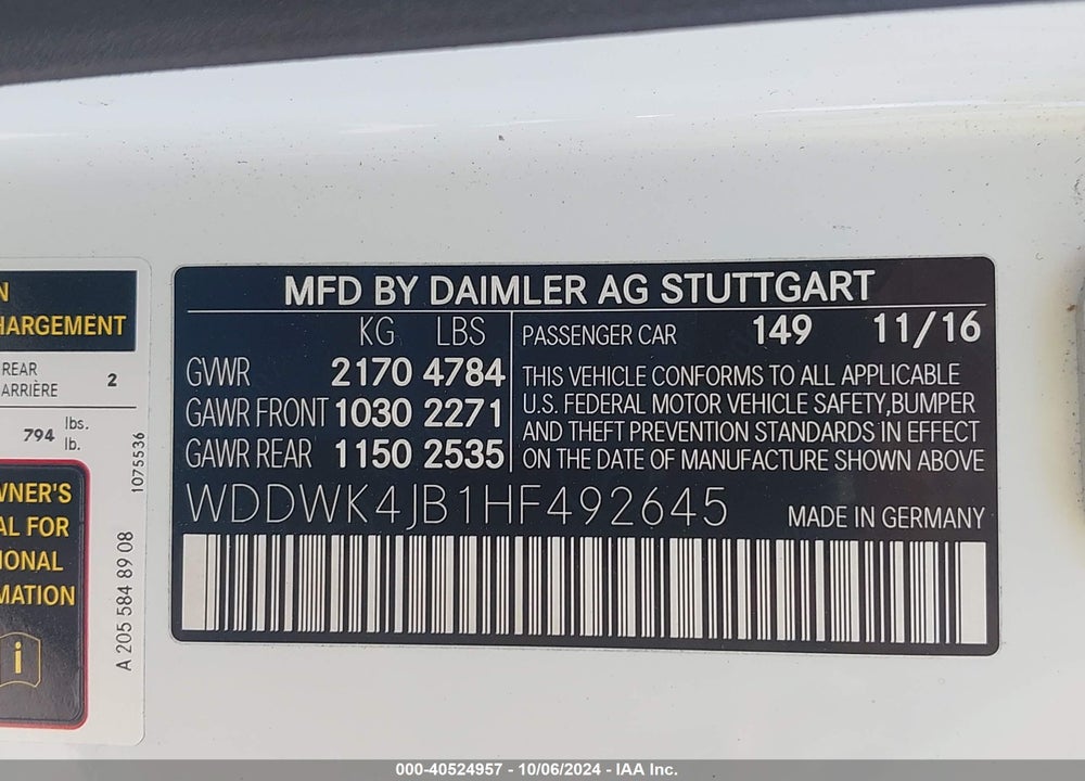 2017 MERCEDES-BENZ C 300 VIN: WDDWK4JB1HF492645