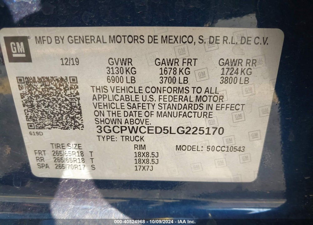 2020 CHEVROLET SILVERADO 1500 VIN: 3GCPWCED5LG225170