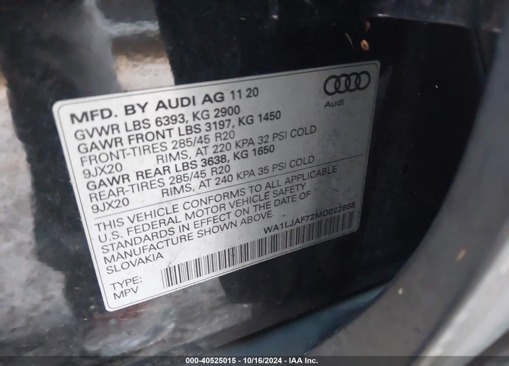 2021 AUDI Q7 PREMIUM PLUS 45 TFSI QUATTRO TIPTRONIC VIN: WA1LJAF72MD022868