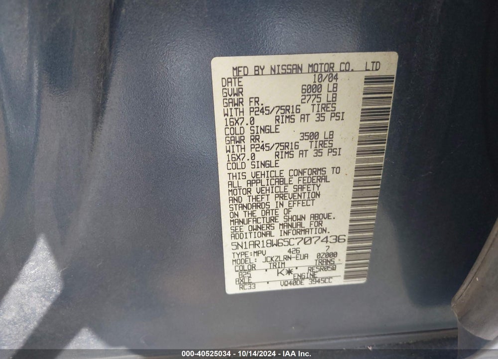 2005 NISSAN PATHFINDER VIN: 5N1AR18W65C707436