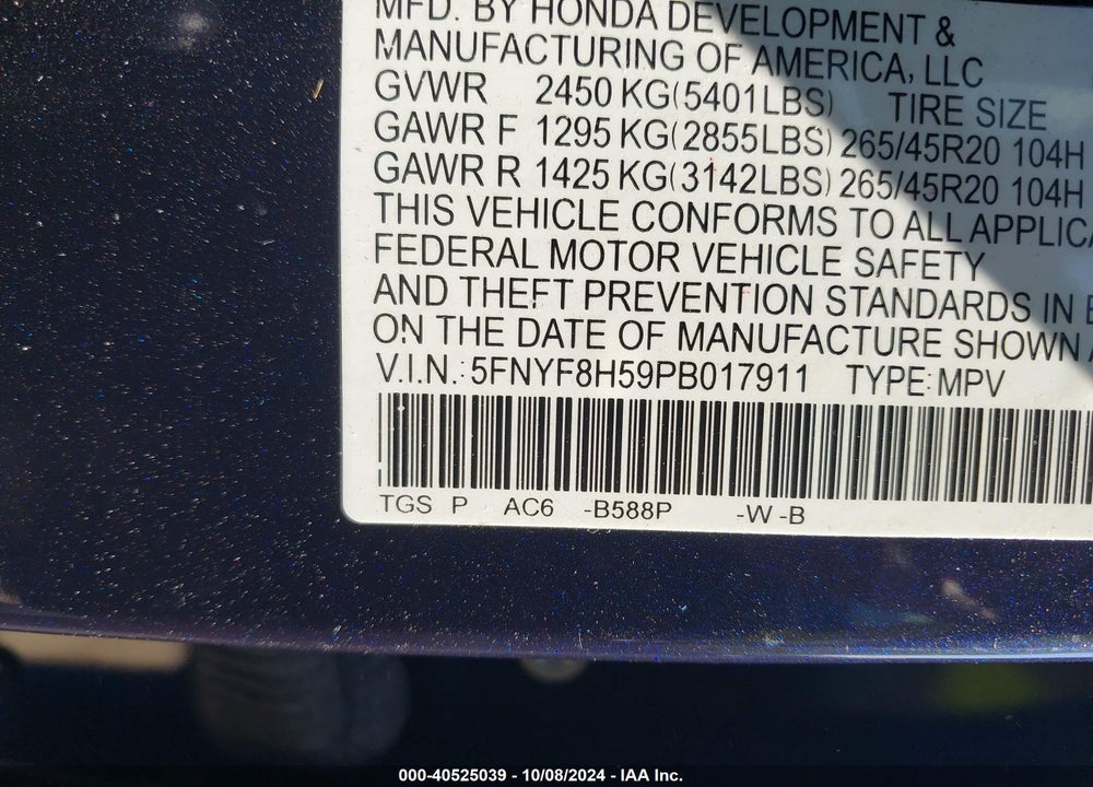 2023 HONDA PASSPORT AWD EX-L VIN: 5FNYF8H59PB017911