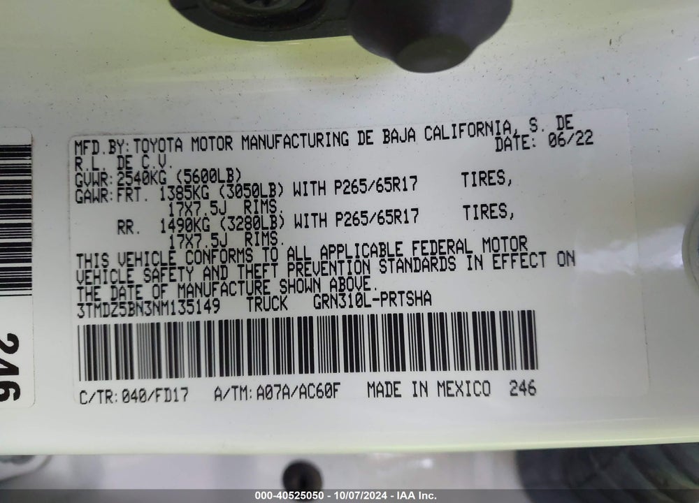 2022 TOYOTA TACOMA TRD SPORT VIN: 3TMDZ5BN3NM135149
