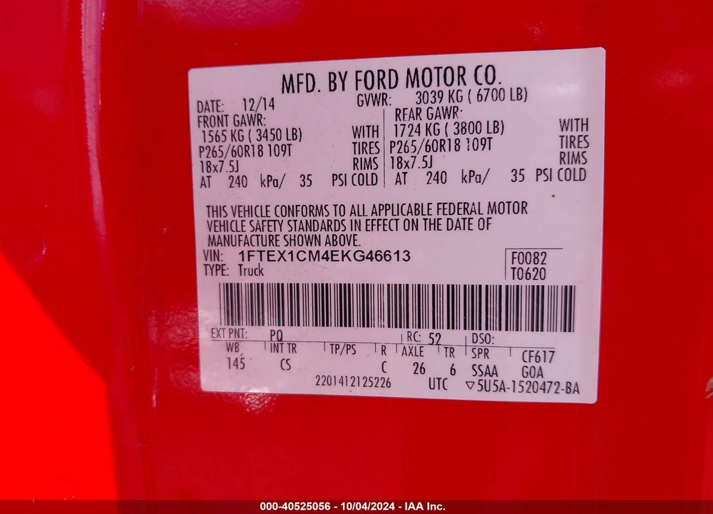 2014 FORD F-150 STX VIN: 1FTEX1CM4EKG46613