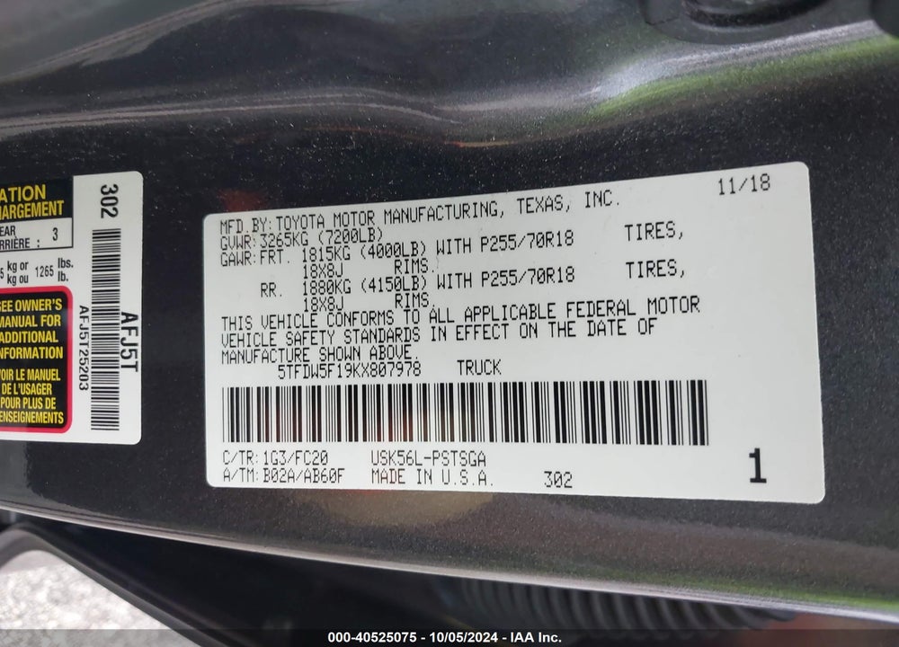 2019 TOYOTA TUNDRA SR5 5.7L V8 VIN: 5TFDW5F19KX807978