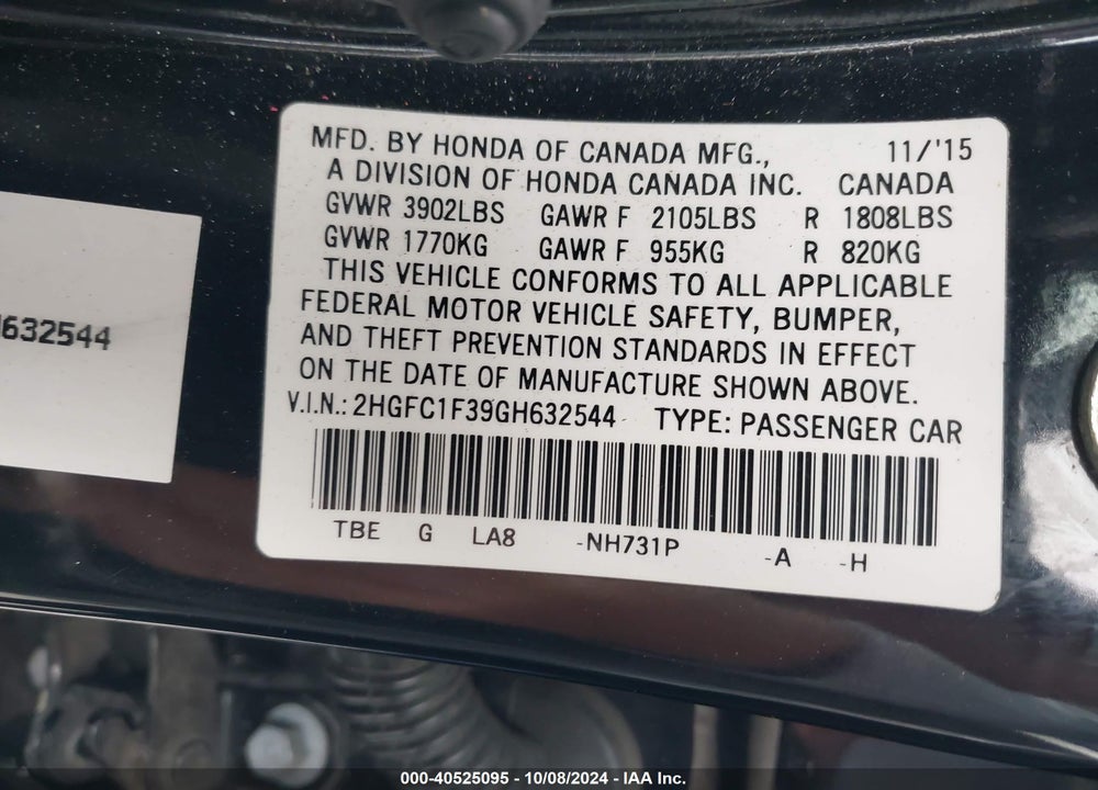 2016 HONDA CIVIC EX-T VIN: 2HGFC1F39GH632544