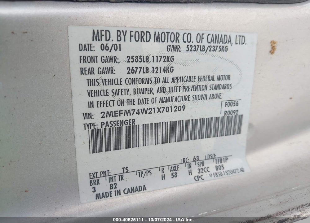 2001 MERCURY GRAND MARQUIS GS VIN: 2MEFM74W21X701209