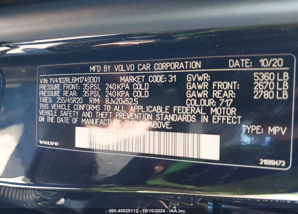 2021 VOLVO XC60 T5 INSCRIPTION VIN: YV4102RL6M1749301