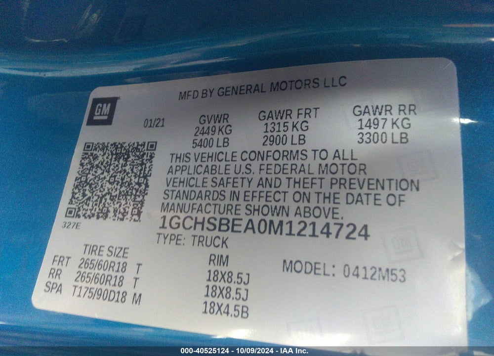 2021 CHEVROLET COLORADO 2WD WORK TRUCK VIN: 1GCHSBEA0M1214724