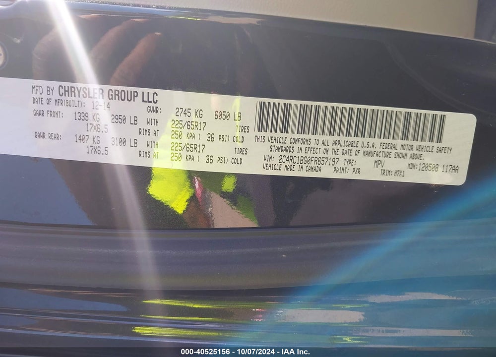 2015 CHRYSLER TOWN & COUNTRY TOURING VIN: 2C4RC1BG0FR657197