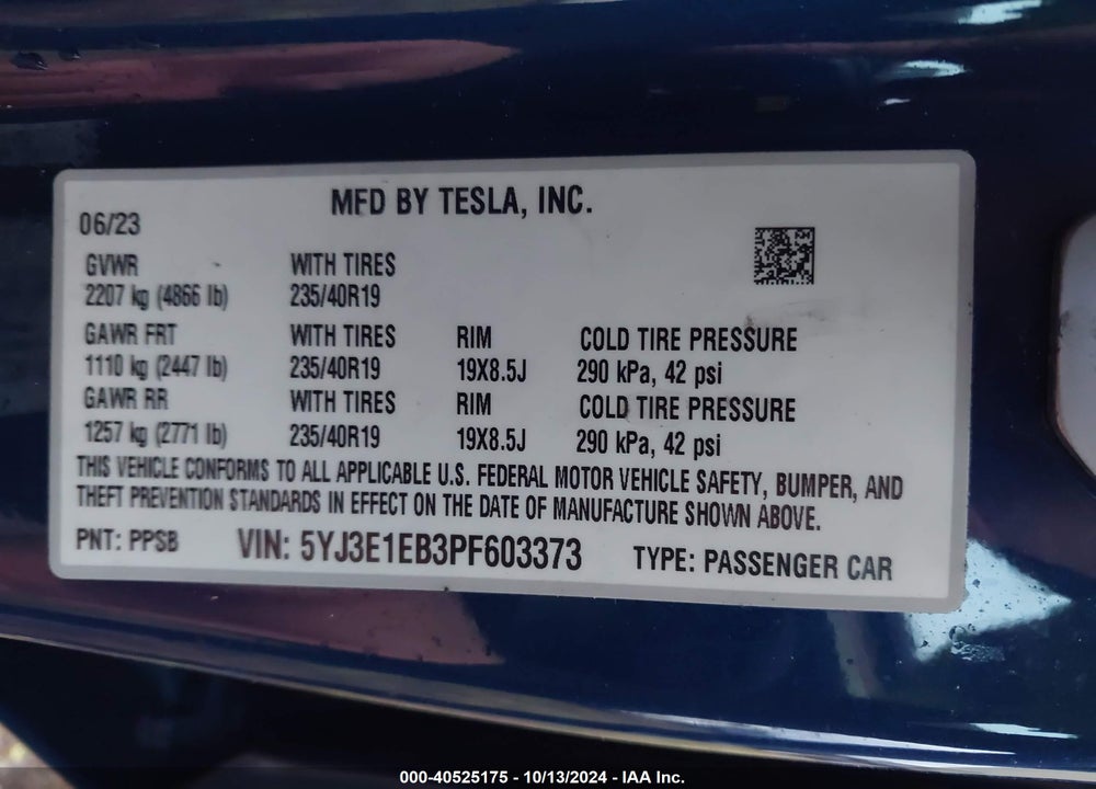 2023 TESLA MODEL 3 LONG RANGE DUAL MOTOR ALL-WHEEL DRIVE VIN: 5YJ3E1EB3PF603373
