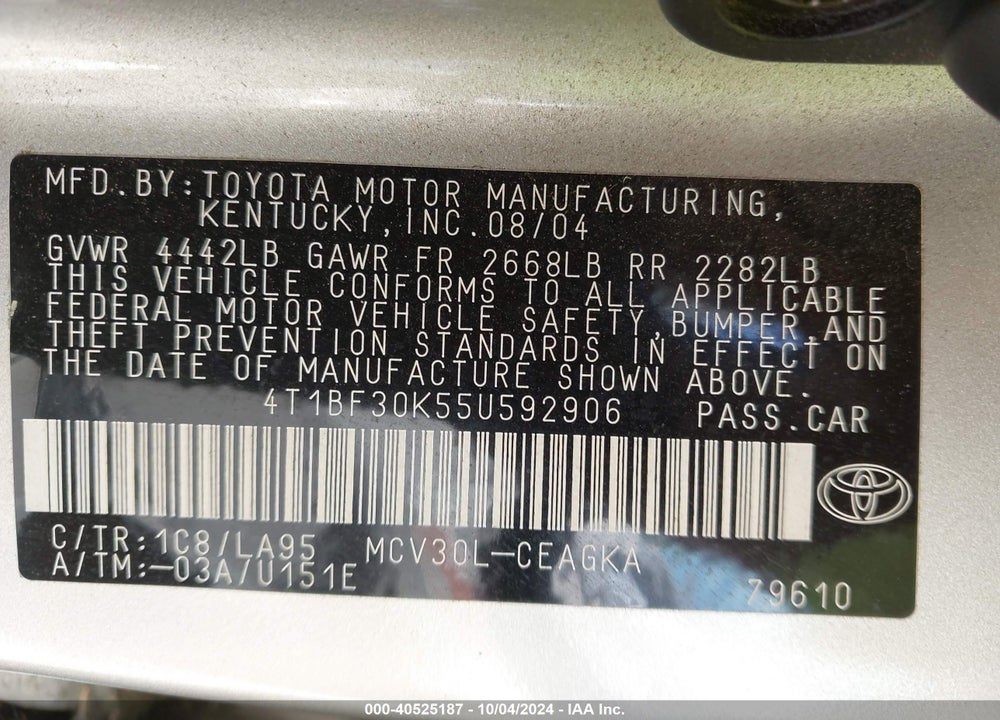 2005 TOYOTA CAMRY XLE V6 VIN: 4T1BF30K55U592906
