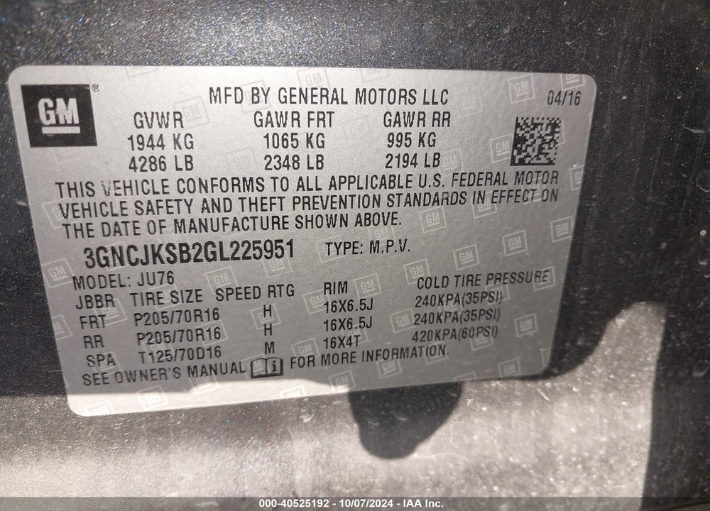2016 CHEVROLET TRAX 1LS VIN: 3GNCJKSB2GL225951