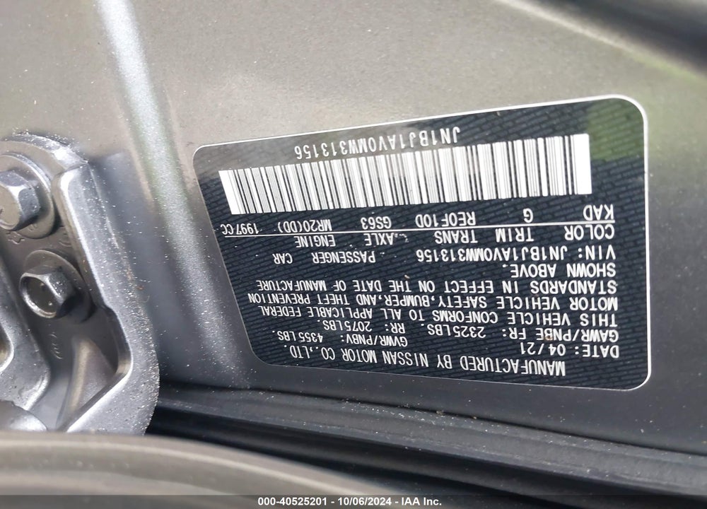 2021 NISSAN ROGUE SPORT S FWD XTRONIC CVT VIN: JN1BJ1AV0MW313156