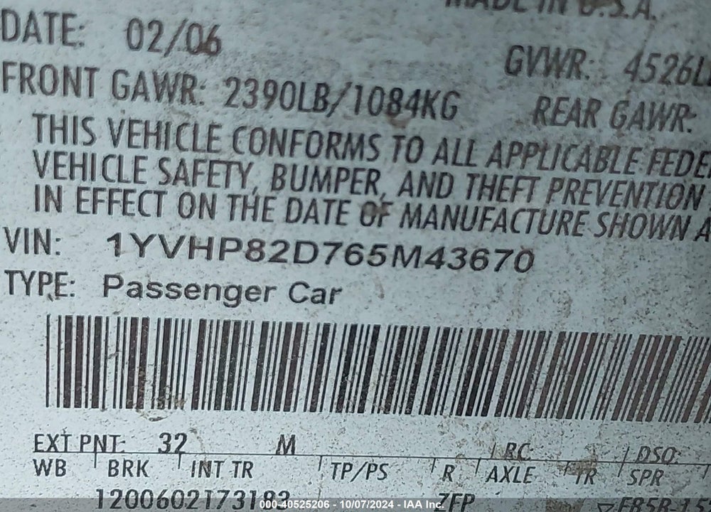 2006 MAZDA 6 S VIN: 1YVHP82D765M43670