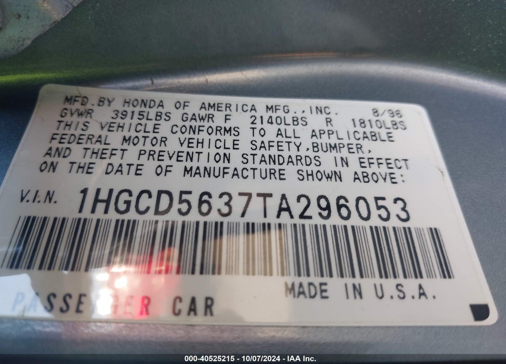 1996 HONDA ACCORD LX/EX VIN: 1HGCD5637TA296053