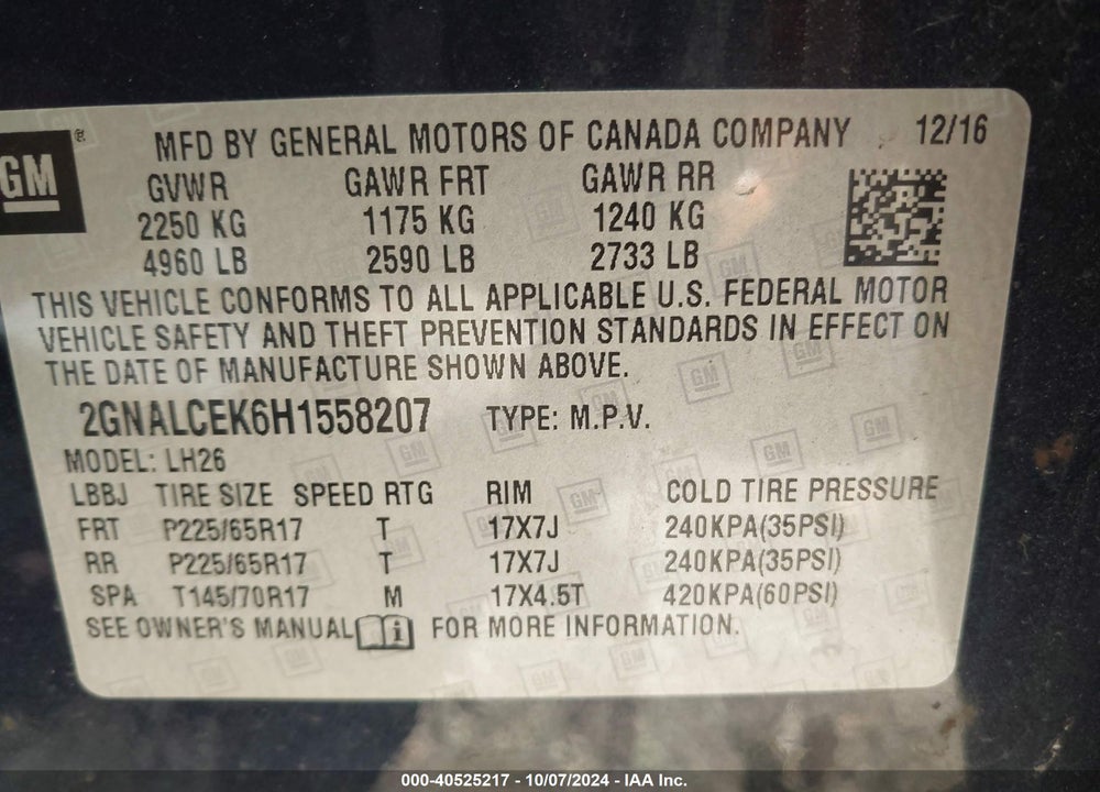 2017 CHEVROLET EQUINOX VIN: 2GNALCEK6H1558207