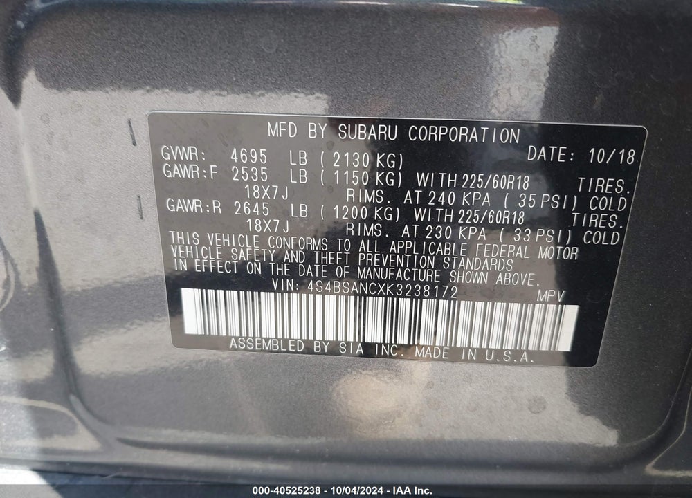 2019 SUBARU OUTBACK 2.5I LIMITED VIN: 4S4BSANCXK3238172