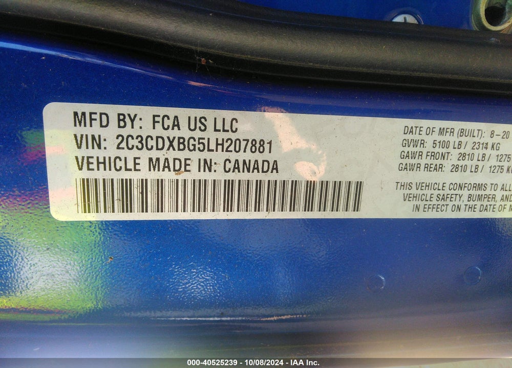 2020 DODGE CHARGER SXT RWD VIN: 2C3CDXBG5LH207881