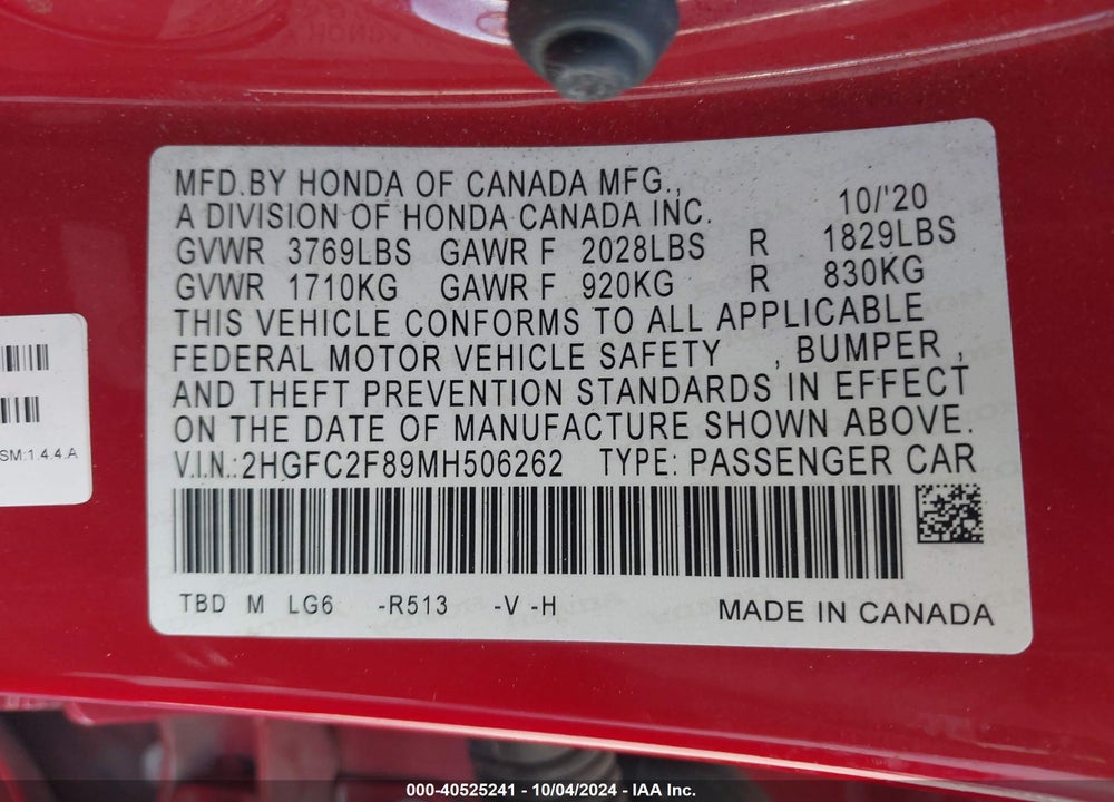 2021 HONDA CIVIC SPORT VIN: 2HGFC2F89MH506262