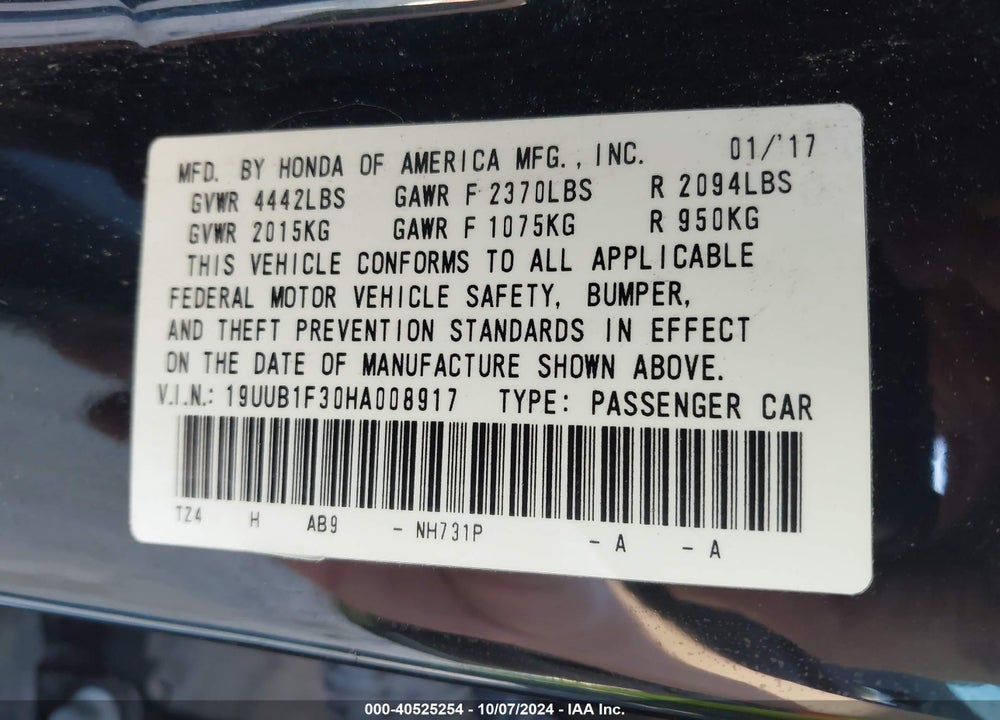 2017 ACURA TLX VIN: 19UUB1F30HA008917