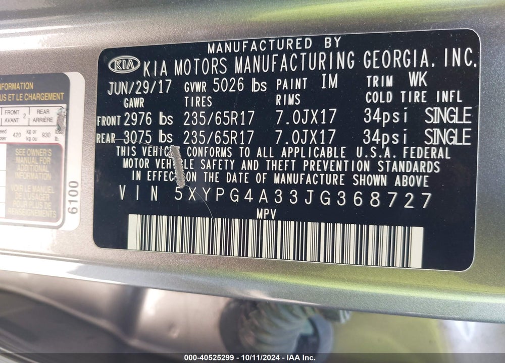 2018 KIA SORENTO 2.4L L VIN: 5XYPG4A33JG368727