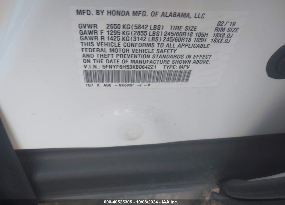 2019 HONDA PILOT EX-L VIN: 5FNYF6H53KB064221