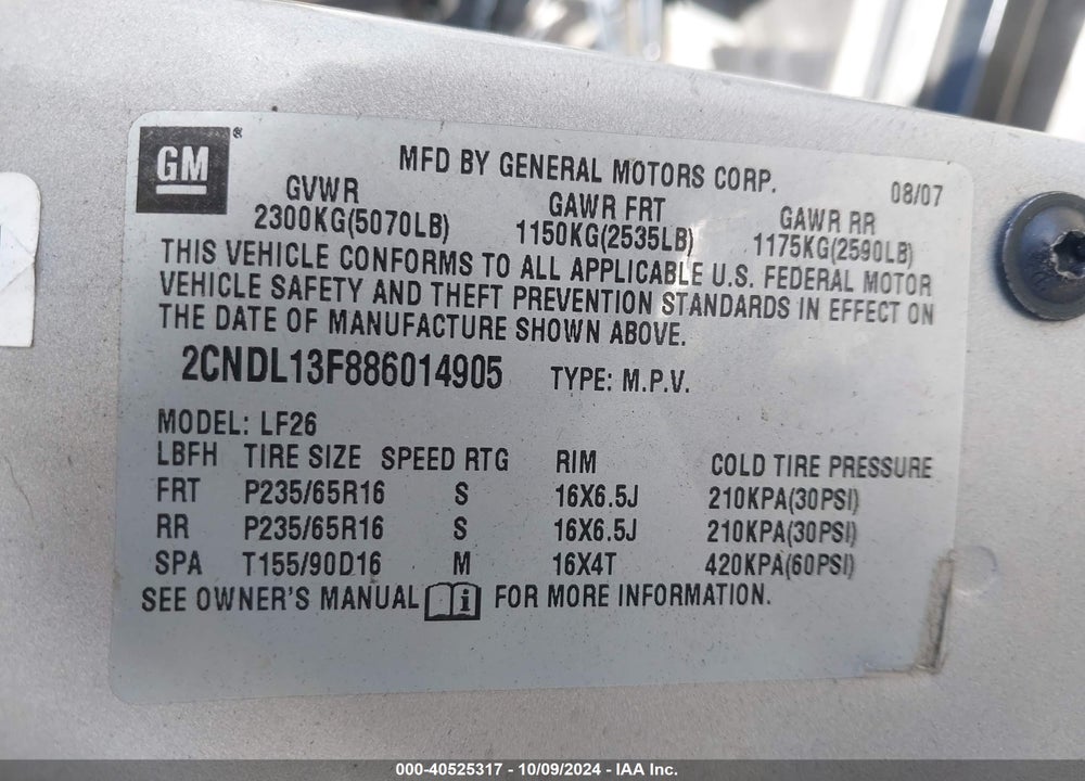 2008 CHEVROLET EQUINOX LS VIN: 2CNDL13F886014905