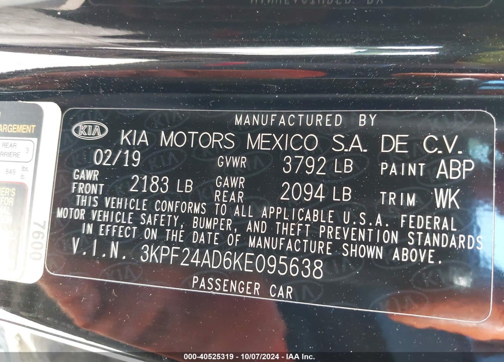 2019 KIA FORTE FE VIN: 3KPF24AD6KE095638