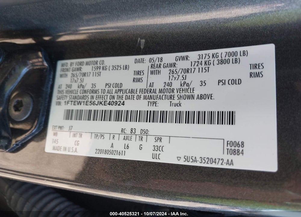 2018 FORD F-150 XL VIN: 1FTEW1E56JKE40924
