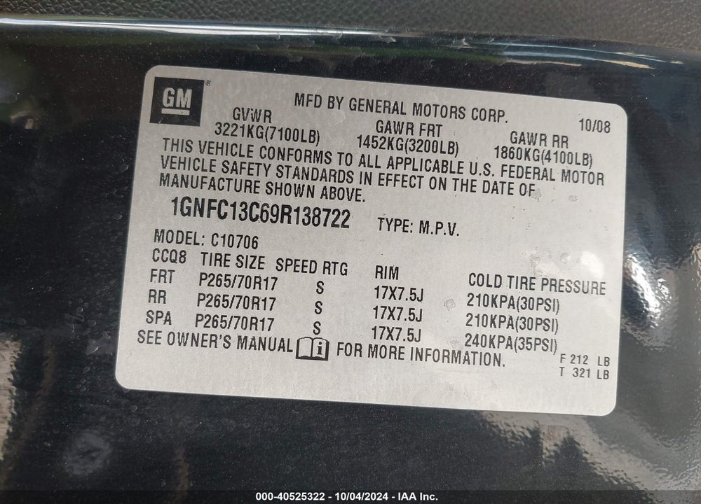2009 CHEVROLET TAHOE LS VIN: 1GNFC13C69R138722