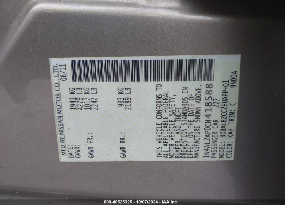 2012 NISSAN ALTIMA 2.5 S VIN: 1N4AL2AP0CN418588